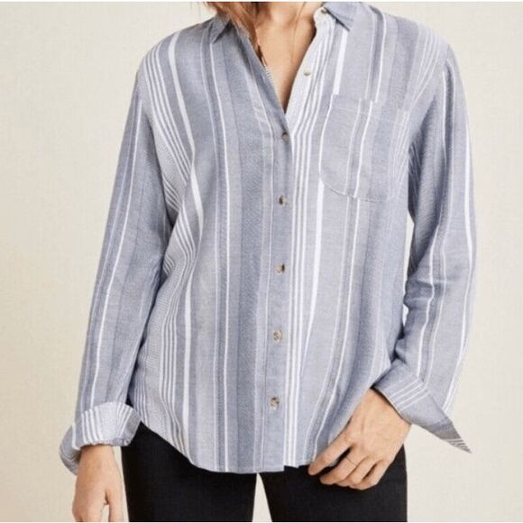 Anthropologie Maeve Blue‎ Striped Button Down Shirt Relaxed Fit Casual Medium - Picture 1 of 4